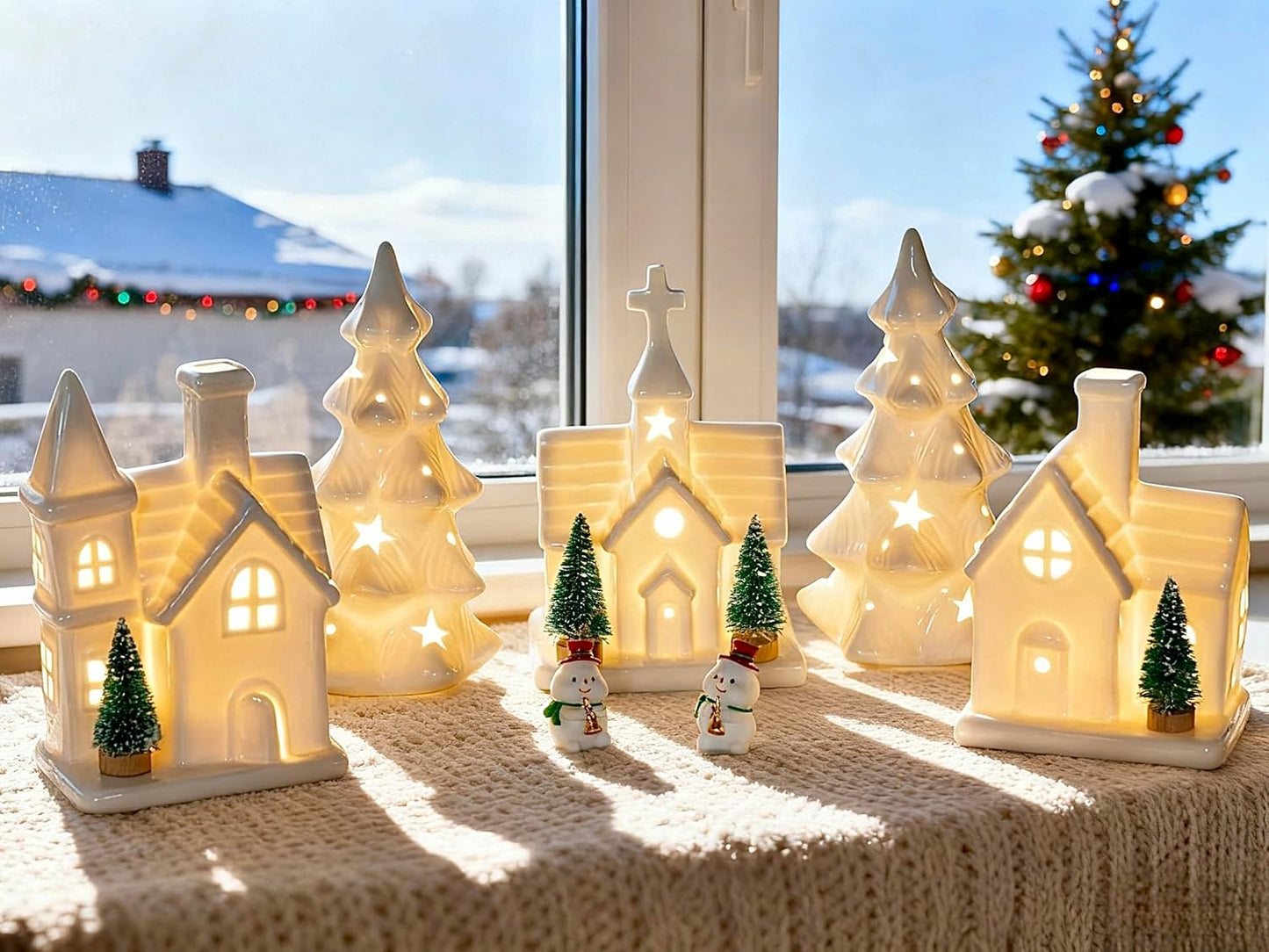 Skiennix Christmas Village Set - 11 Pcs Ceramic Decoration with 3 Lighted Houses & 2 Trees | Festive Tabletop Decor