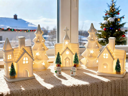 Skiennix Christmas Village Set - 11 Pcs Ceramic Decoration with 3 Lighted Houses & 2 Trees | Festive Tabletop Decor