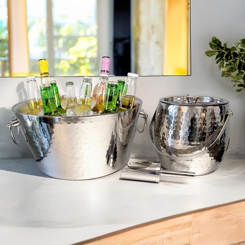 BREKX Stainless Steel Beverage Tub and Ice Bucket with Lid and Scoop Party Combo Pack, Silver Double-Walled Insulated Barware Set
