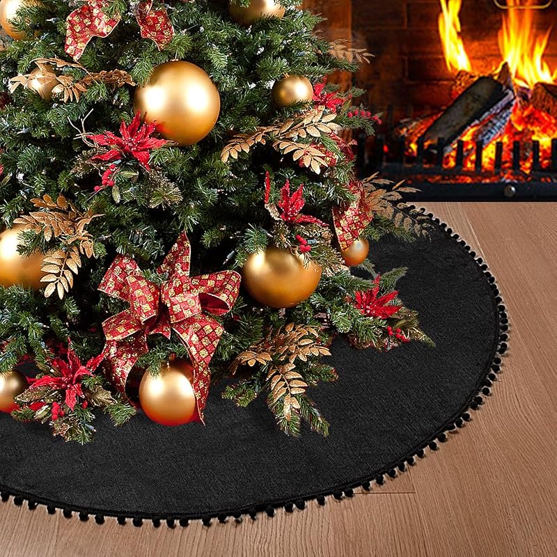 Black 48 Inch Christmas Tree Skirt - Burlap Double Layer with Pom Poms, Rustic Santa Decor (Variation: Black+48inch)