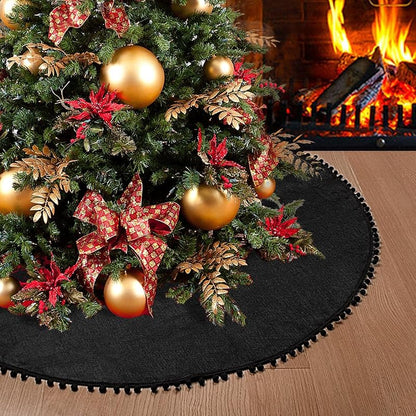 Black 48 Inch Christmas Tree Skirt - Burlap Double Layer with Pom Poms, Rustic Santa Decor (Variation: Black+48inch)