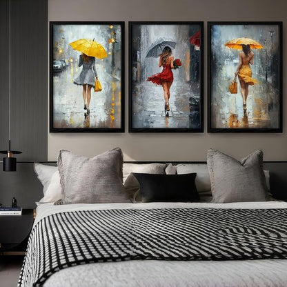 JIMUJIA 3-Piece Canvas Art - Abstract Yellow & Red Umbrella City Scene | Framed Wall Decor 16x24 Inch