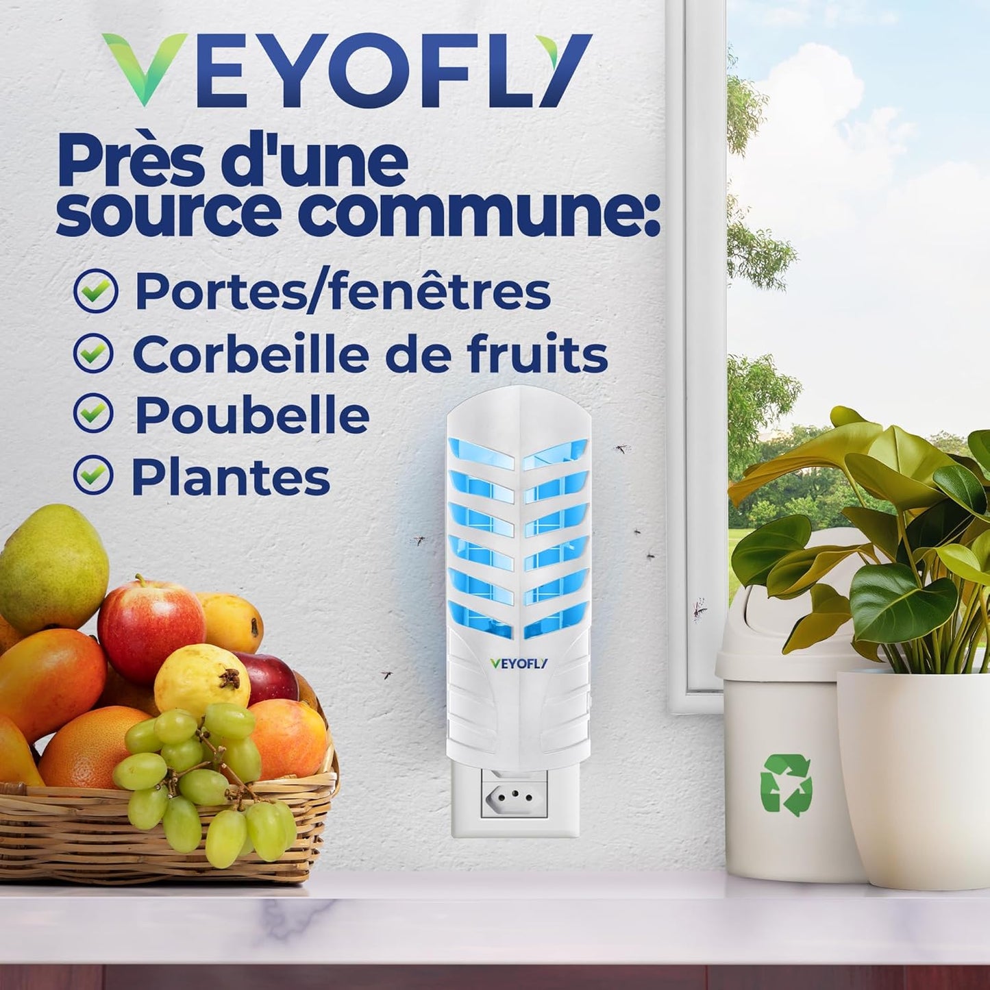 VEYOFLY Fruit Fly Trap Indoor (1 Device + 3 Refills), Gnat Catcher, Plug-in Light Insect Trap for House, Bug Killer