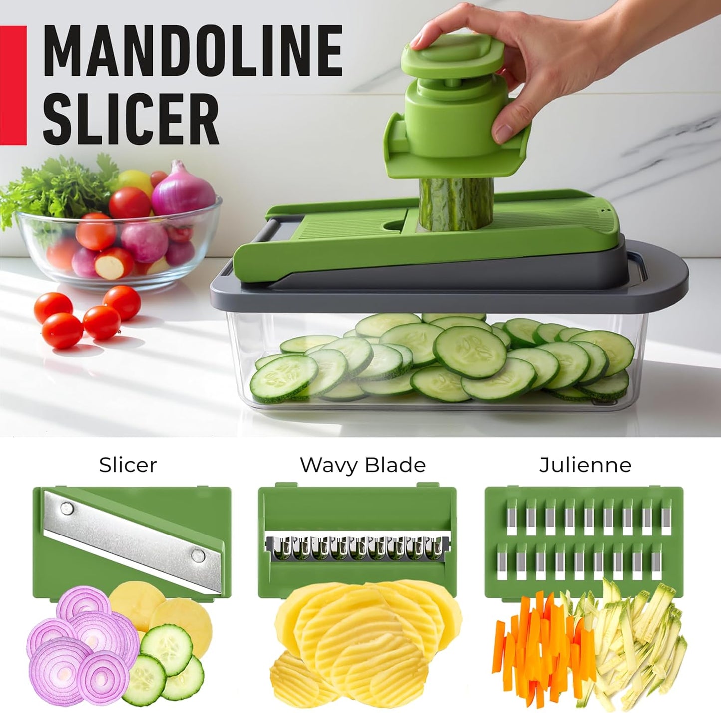 Mueller Pro-Series 10-in-1 Vegetable Chopper - 8 Blades for Dicing, Slicing & Mincing | Gray/Green