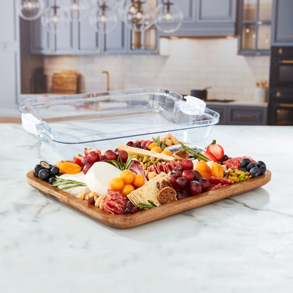 Farberware Build-A-Board Acacia Cutting Board with Built-in Compartments and Clear Locking Lid with White Handles, Perfect for Charcuterie, Snacks, and More - Make it. Take it. Enjoy it, 11x14 Inches