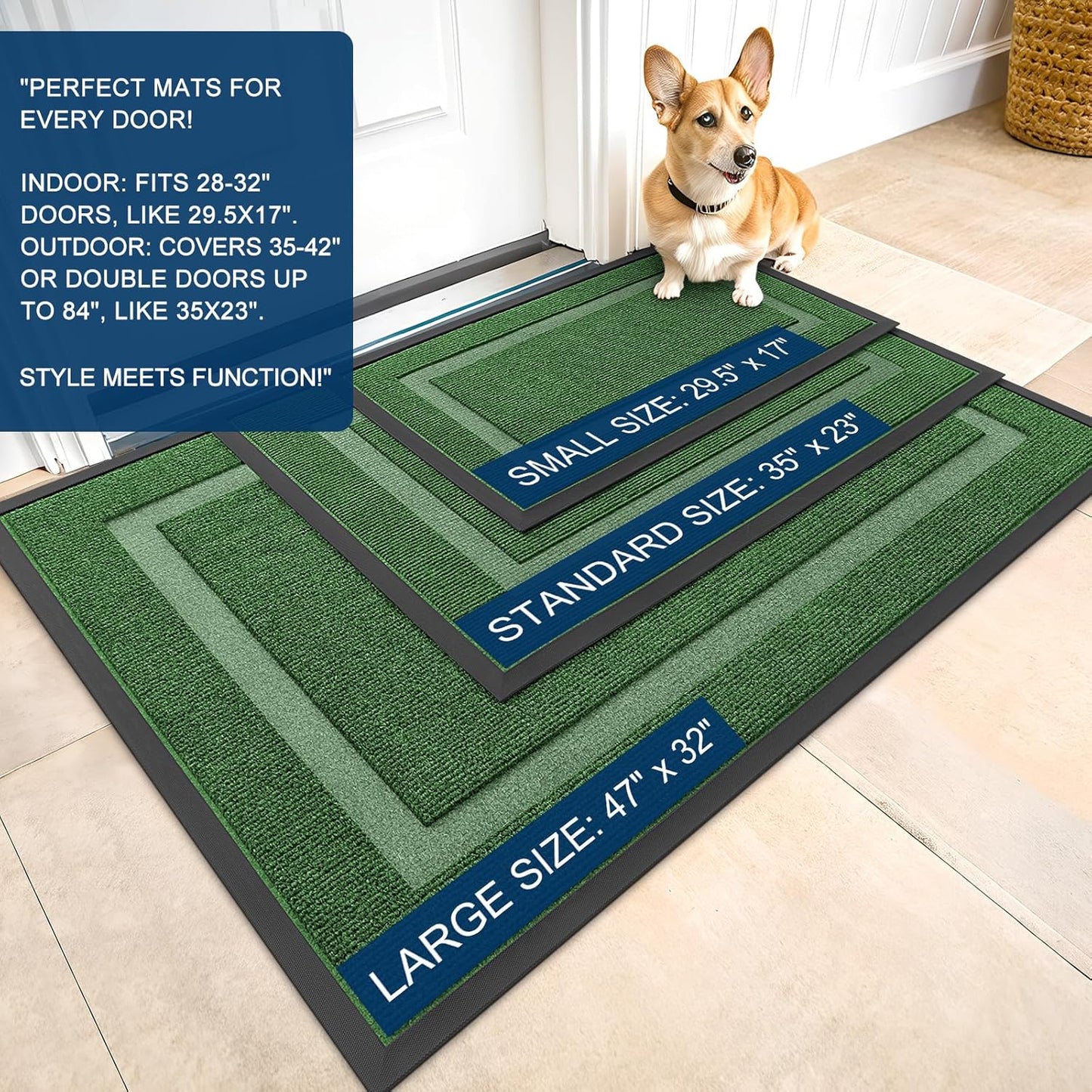 OLANLY Waterproof Front Door Mat - All-Season Indoor/Outdoor Doormat, Sturdy Natural Rubber, 71x34, Green