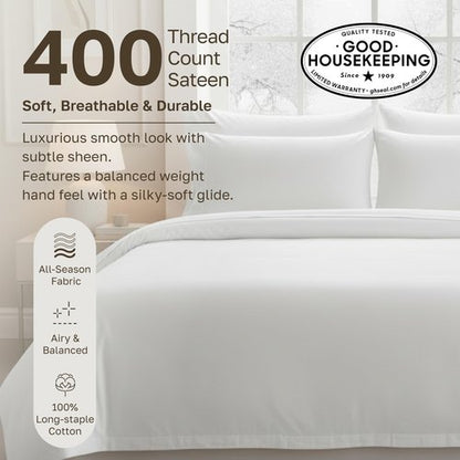 California Design Den 3 Pc White King Duvet Cover Set - Winner Good Housekeeping Best Bedding Awards 2025, 400 Thread Count Sateen, 100% Cotton Duvet Cover Set, Button Closure, Corner Ties - White