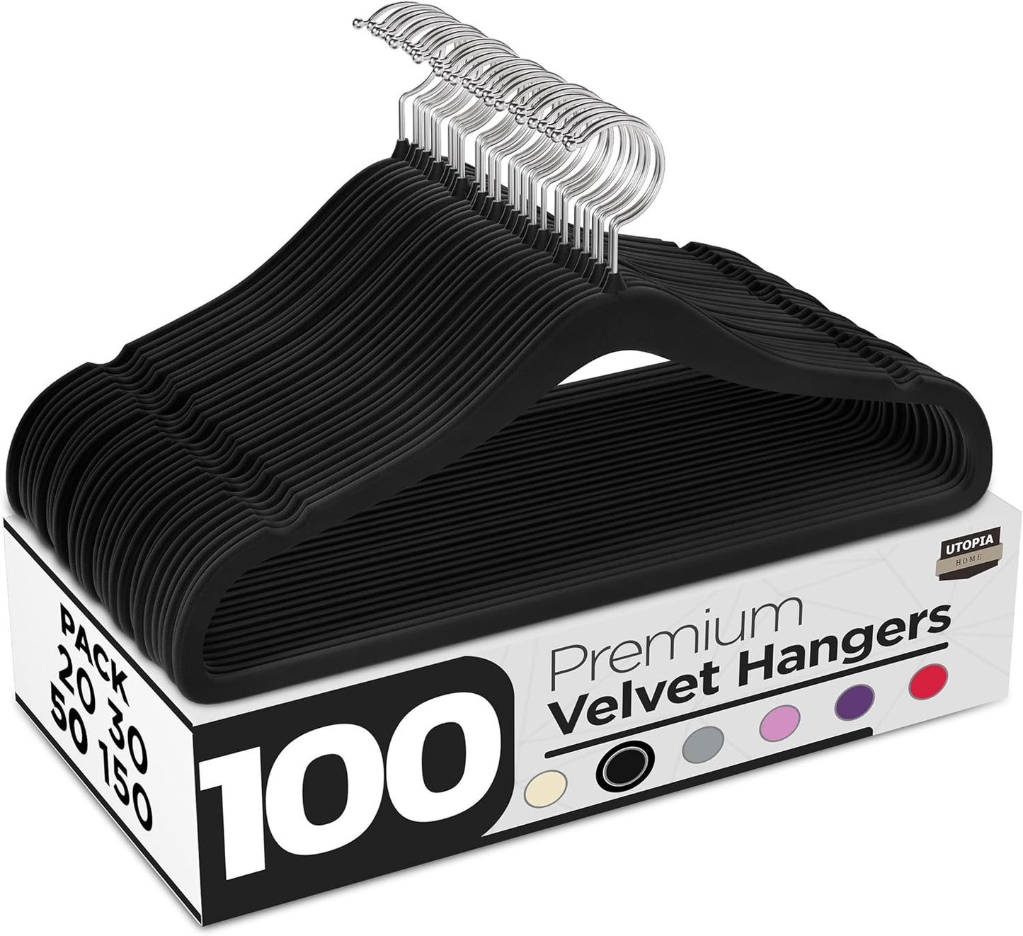 Utopia Home Velvet Hangers - 100 Pack Luxury Non-Slip Slim Coat & Pant Hangers | Strong Space-Saving Design, Black