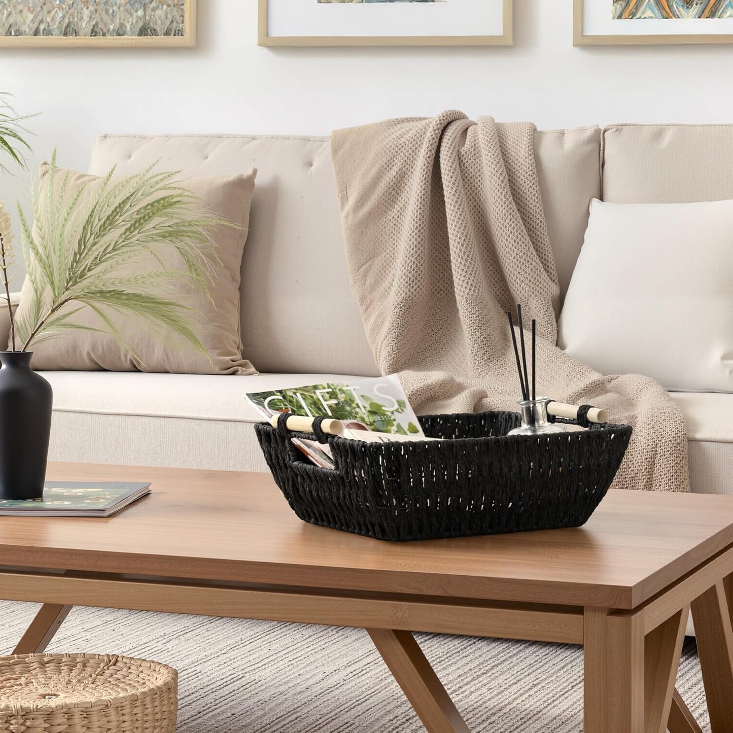 StorageWorks Large Wicker Storage Baskets - Stylish Organizing Solution with Wooden Handles | Black, 2-Pack