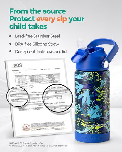 Choco Mocha Kids Water Bottle - Insulated Stainless Steel for School | 14oz Monster Truck Design