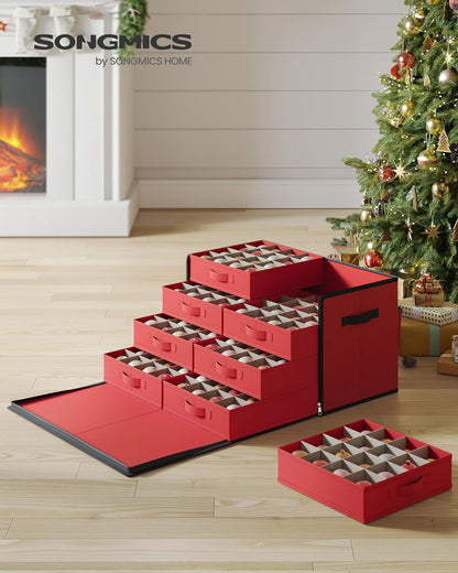 SONGMICS Christmas Ornament Storage Box - Stackable Container with 128 Slots & Lid - Cherry Red, 600D Oxford