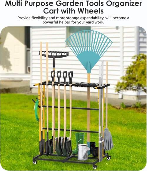 CCCEI Garage Organization Cart - Mobile Outdoor Tool Organizer for Yard & Garden | Broom Holder & Storage Solutions