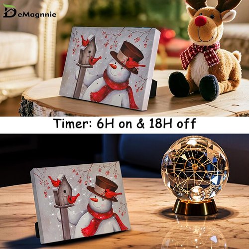 Demaginnie Lighted Snowman Canvas Picture with Timer - 6x8 Inches Twinkling Holiday Decor