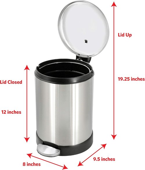 Glad Small Trash Can - 1.2 Gallon Round Stainless Steel Garbage Bin with Soft Close Lid & Step Pedal | 8 x 9.5 x 12 Inches