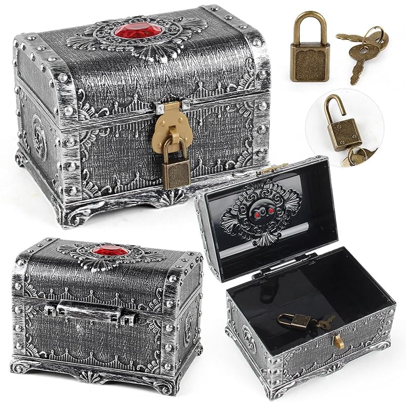 Ancient Silver Pirate Treasure Box with Lock - Kids Jewelry Storage Chest 14x11x10.5 cm