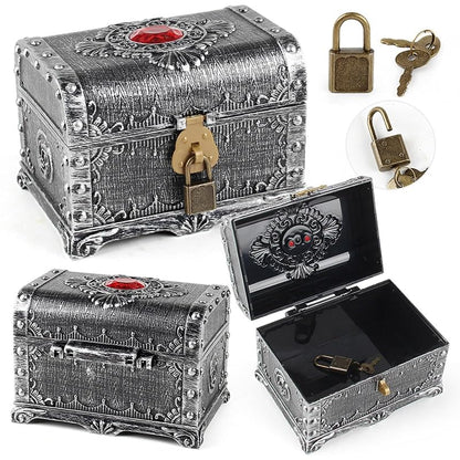 Ancient Silver Pirate Treasure Box with Lock - Kids Jewelry Storage Chest 14x11x10.5 cm