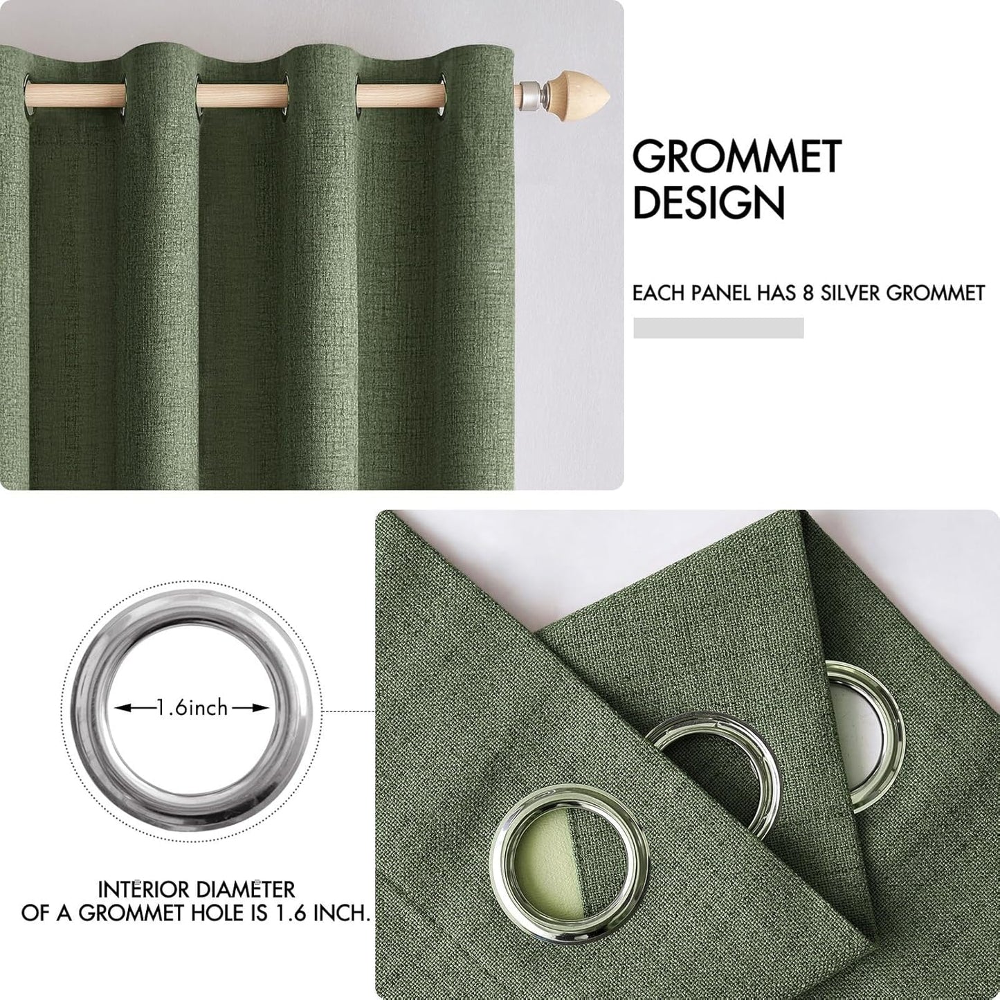 MIULEE 100% Blackout Linen Textured Curtains - Thermal Insulated Olive Green Drapes | 52 x 54 Inch (2 Panels)