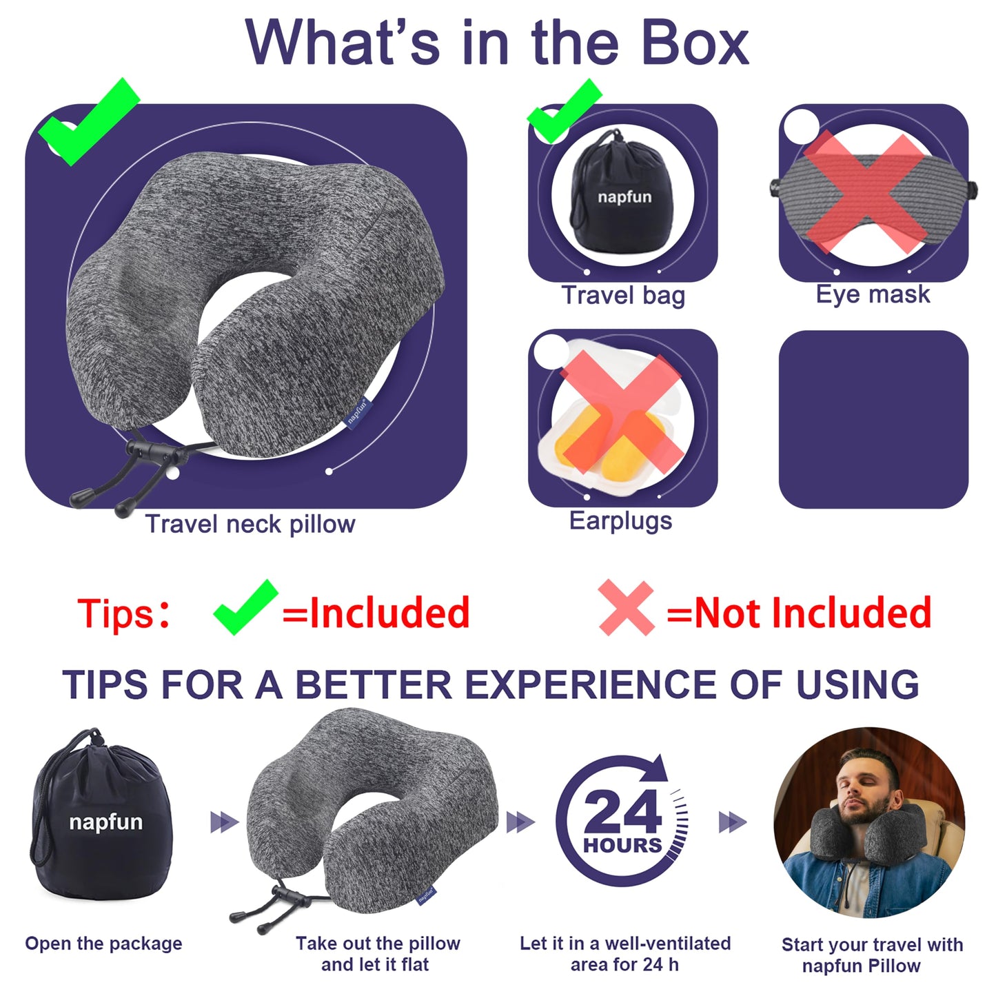 napfun Neck Pillow for Traveling, Upgraded Travel Neck Pillow for Airplane 100% Pure Memory Foam Travel Pillow for Flight Headrest Sleep, Portable Plane Accessories, Full Grey