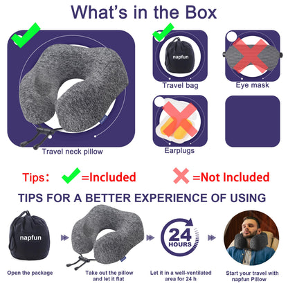 napfun Neck Pillow for Traveling, Upgraded Travel Neck Pillow for Airplane 100% Pure Memory Foam Travel Pillow for Flight Headrest Sleep, Portable Plane Accessories, Full Grey