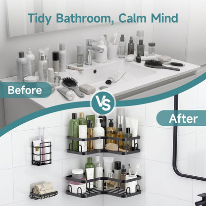Veken Corner Shower Caddy - Rustproof Adhesive Shelves with Soap Holder | Large Capacity Bathroom Organizer - Black