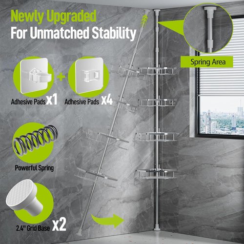 LAMU Shower Caddy - Adjustable 4-Tier Corner Tension Pole Organizer with Strong Spring & 4 Hooks | Silver