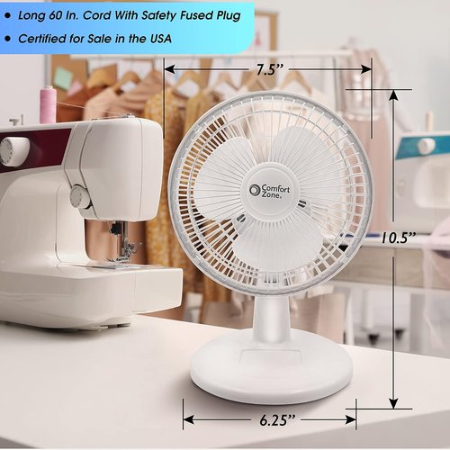 Comfort Zone CZ6D 6" Quiet Portable Desk Fan - 2-Speed with Clip & Adjustable Tilt | White