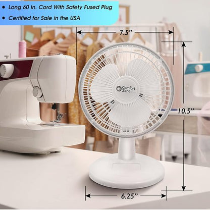 Comfort Zone CZ6D 6" Quiet Portable Desk Fan - 2-Speed with Clip & Adjustable Tilt | White