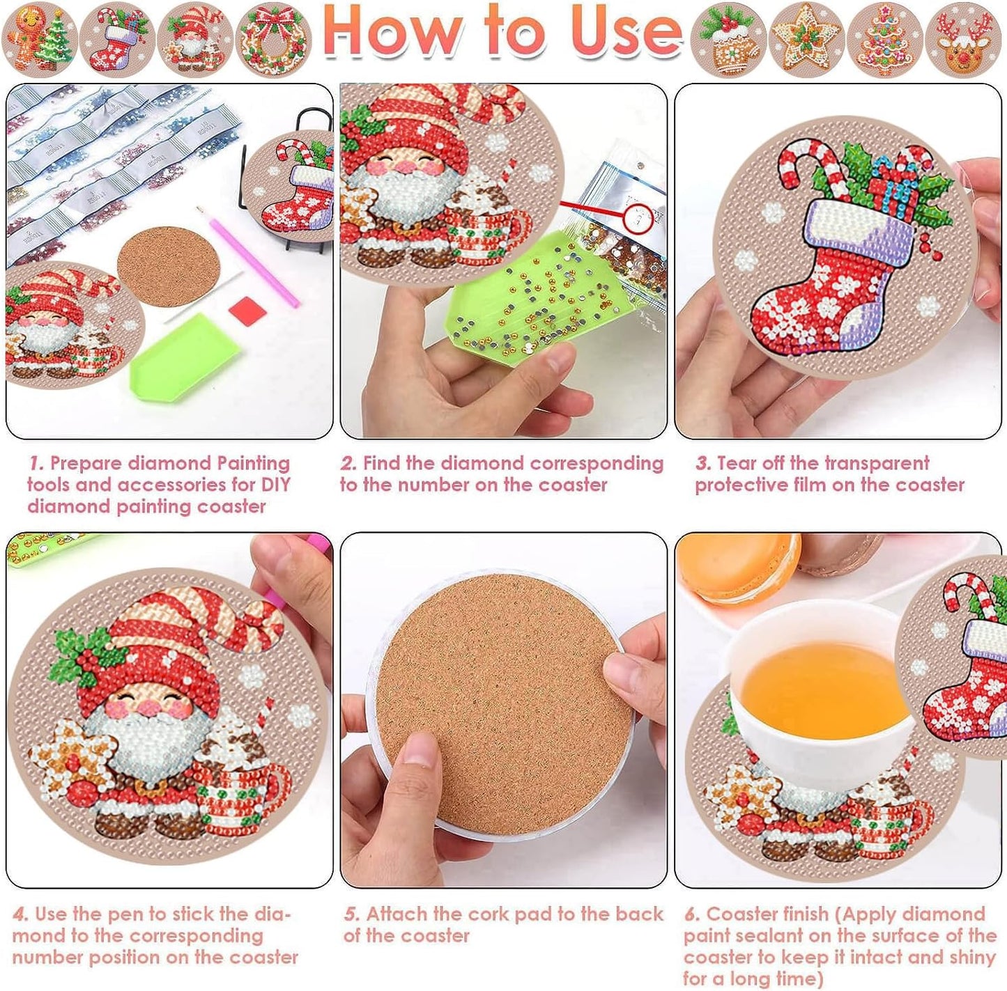 Skiennix Christmas Diamond Painting Coasters - 8 Gingerbread Snowman Art Kits with Holder | DIY 4x4 Inch