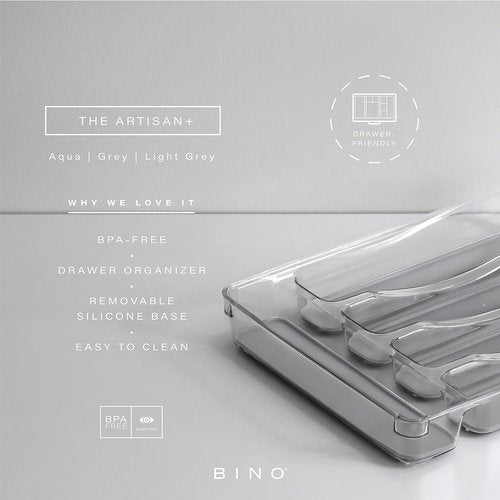 BINO 5-Slot Silverware Organizer - Durable Plastic Utensil Tray with Grip Lining | Light Grey