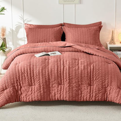 HYMOKEGE Coral Twin XL Comforter Set Seersucker 5 Pieces, All Season Luxury Bed in a Bag for Bedroom, Bedding Set with Comforter, Sheets, Pillowcase & Sham