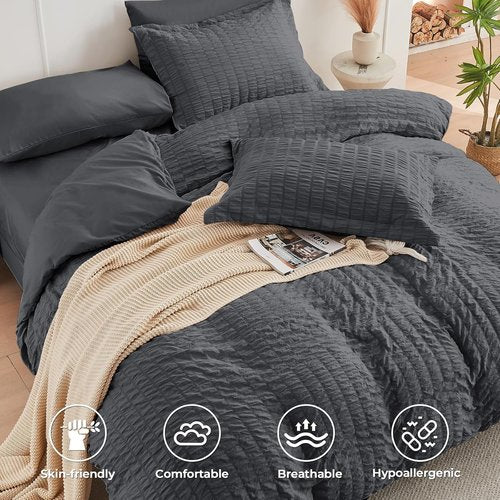 HYMOKEGE Oversized Queen Comforter Set - All-Season Luxury Bedding in Dark Grey | 7-Piece Seersucker Design