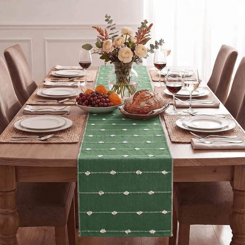 Artoid Mode Green Rustic Cotton Table Runner 12x72 Inch – Farmhouse Christmas Decor, Variation: Green 1+12" x 72"