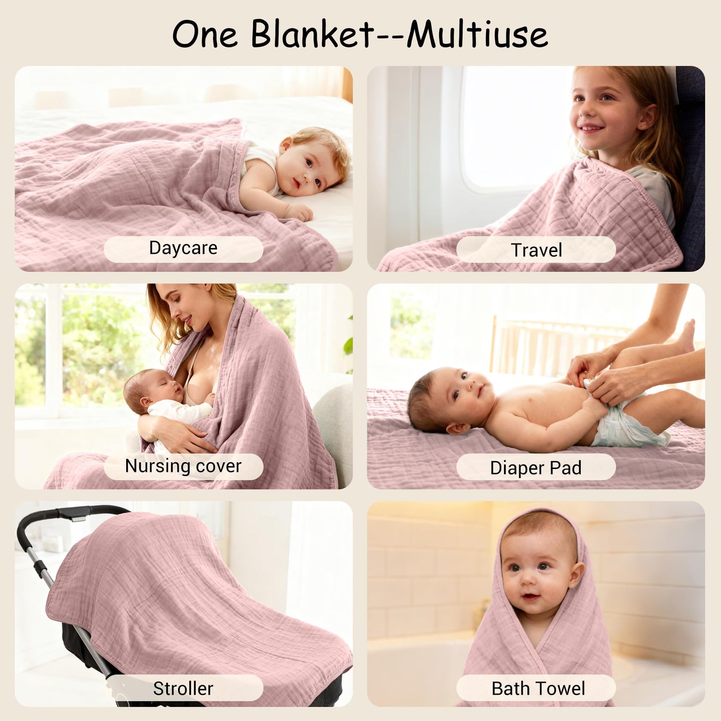 ZPECC Muslin Baby Blanket Thicker, 30x40 Organic Cotton Newborn Receiving Quilt Hypoallergenic for Baby Essentials Swaddle Crib Stroller, Pink
