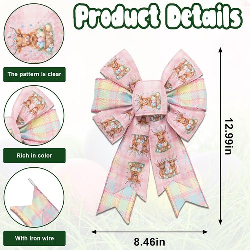 Hying Pink Buffalo Plaid Wreath Bows - 2 Pieces Spring Highland Cattle Decor for Baby Showers & Anniversaries