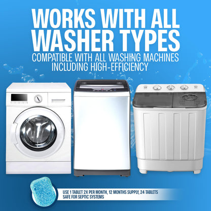 Sudstainables Washing Machine Cleaner Tablets (24-Pack) – Deep Clean Odor & Residue Remover for Front & Top Load Washers, HE & Septic Safe Washing Machine Tub Cleaner for Long-Lasting Freshness
