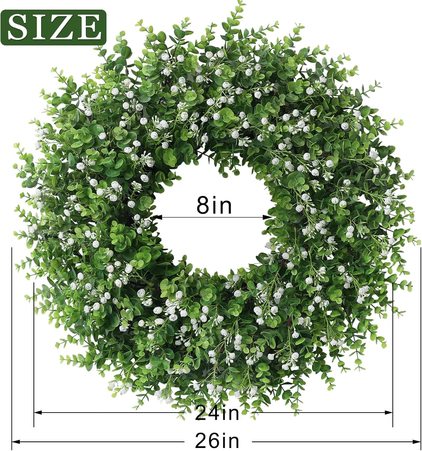 Skiennix 26" Artificial Eucalyptus Wreath - Faux Greenery with Baby's Breath for Front Door Decor
