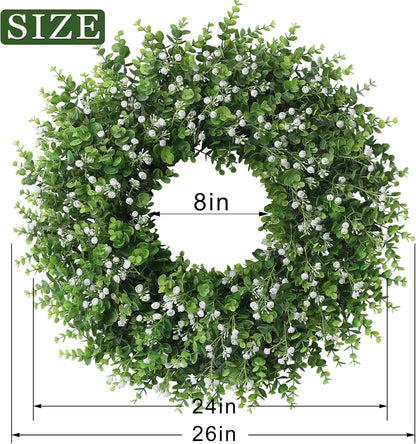 Skiennix 26" Artificial Eucalyptus Wreath - Faux Greenery with Baby's Breath for Front Door Decor