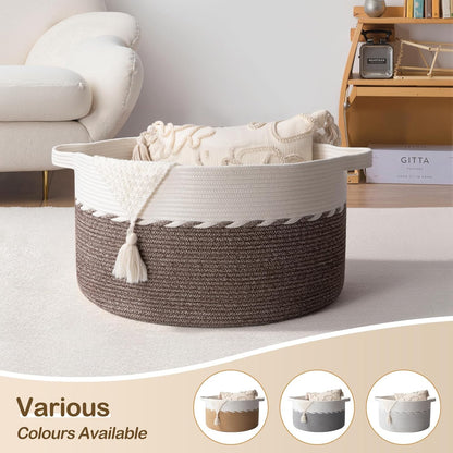 OIAHOMY 90L Blanket Basket - Large 23" x 23" x 13" Storage Solution for Blankets, Toys & Laundry - Brown & White