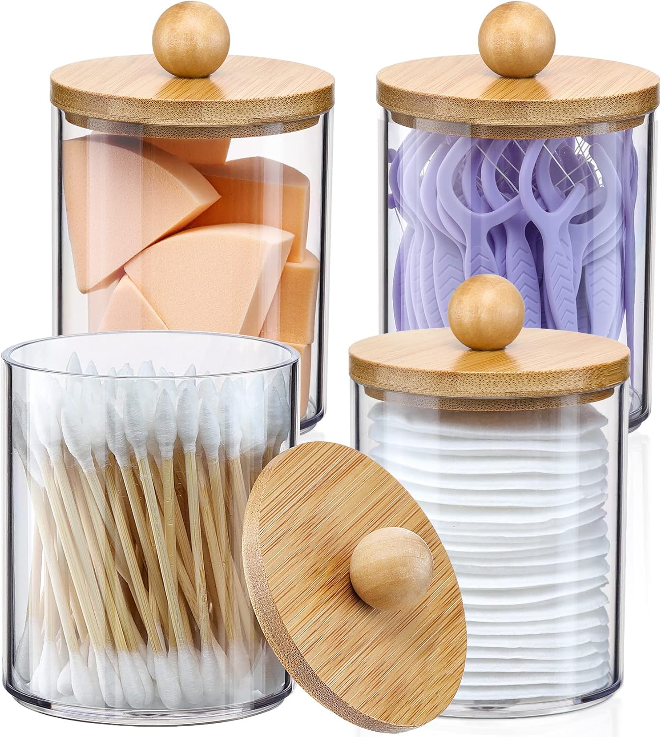 Qtip Holder Dispenser by [Brand Name] - 10 oz Clear Plastic Apothecary Jar with Bamboo Lids | Makeup Organizer for Bathroom Accessories
