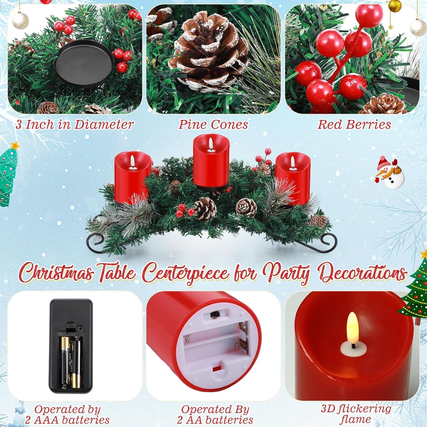 Mudder Christmas Table Centerpiece Set - 20" Steel Base with 3 Flameless LED Candles & Red Berry Decor