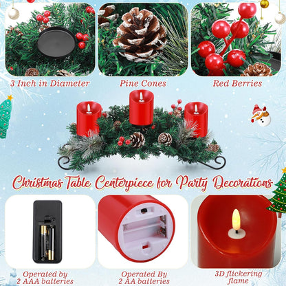Mudder Christmas Table Centerpiece Set - 20" Steel Base with 3 Flameless LED Candles & Red Berry Decor