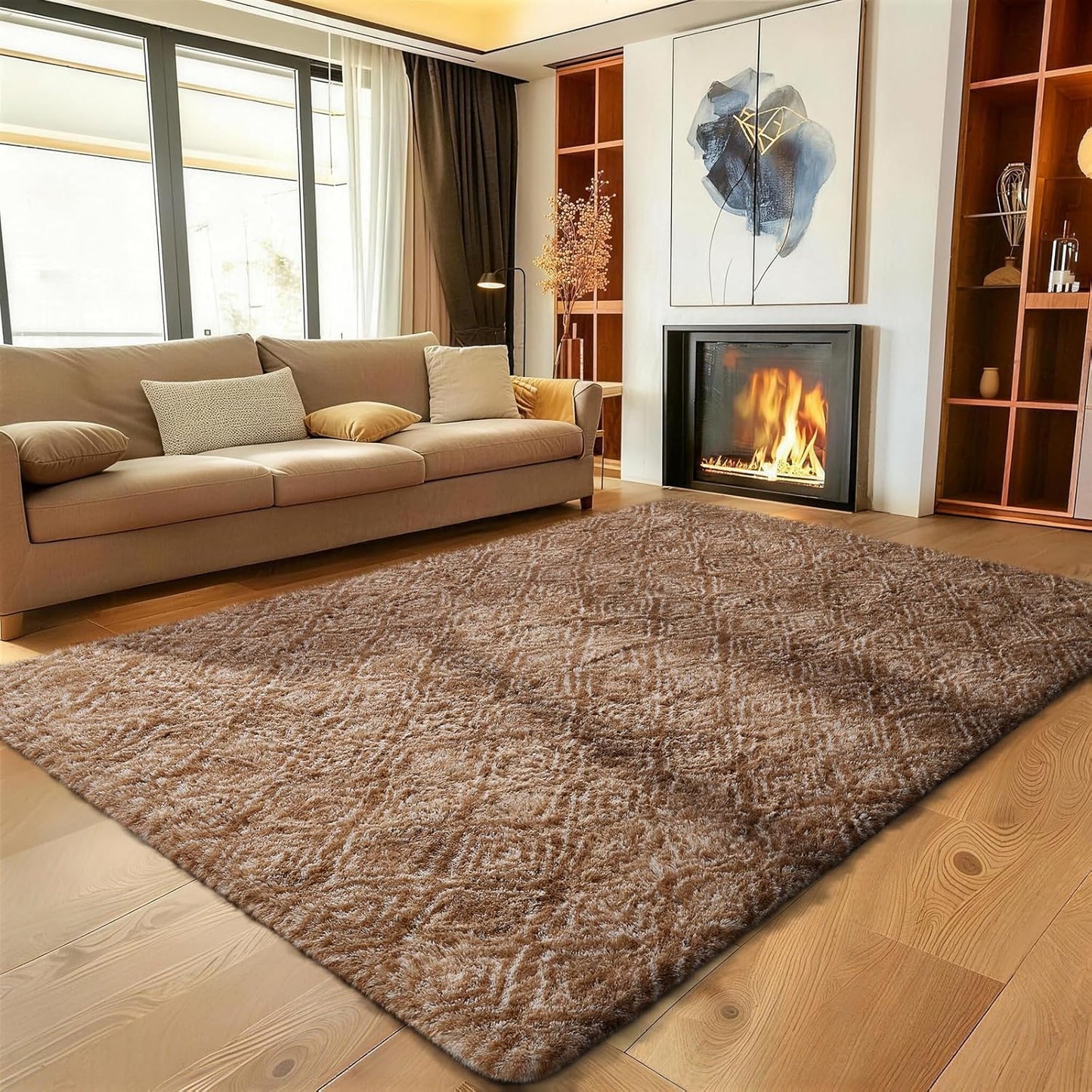 Ophanie Brown & White Diamond Striped Area Rug - Fluffy Shag 5x7 for Living Room & Bedroom Decor