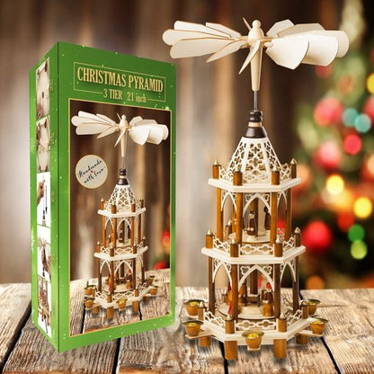 German Christmas Decoration Pyramid - 21-Inch Wood Nativity Scene Set - 3-Tier Carousel with Candle Holders