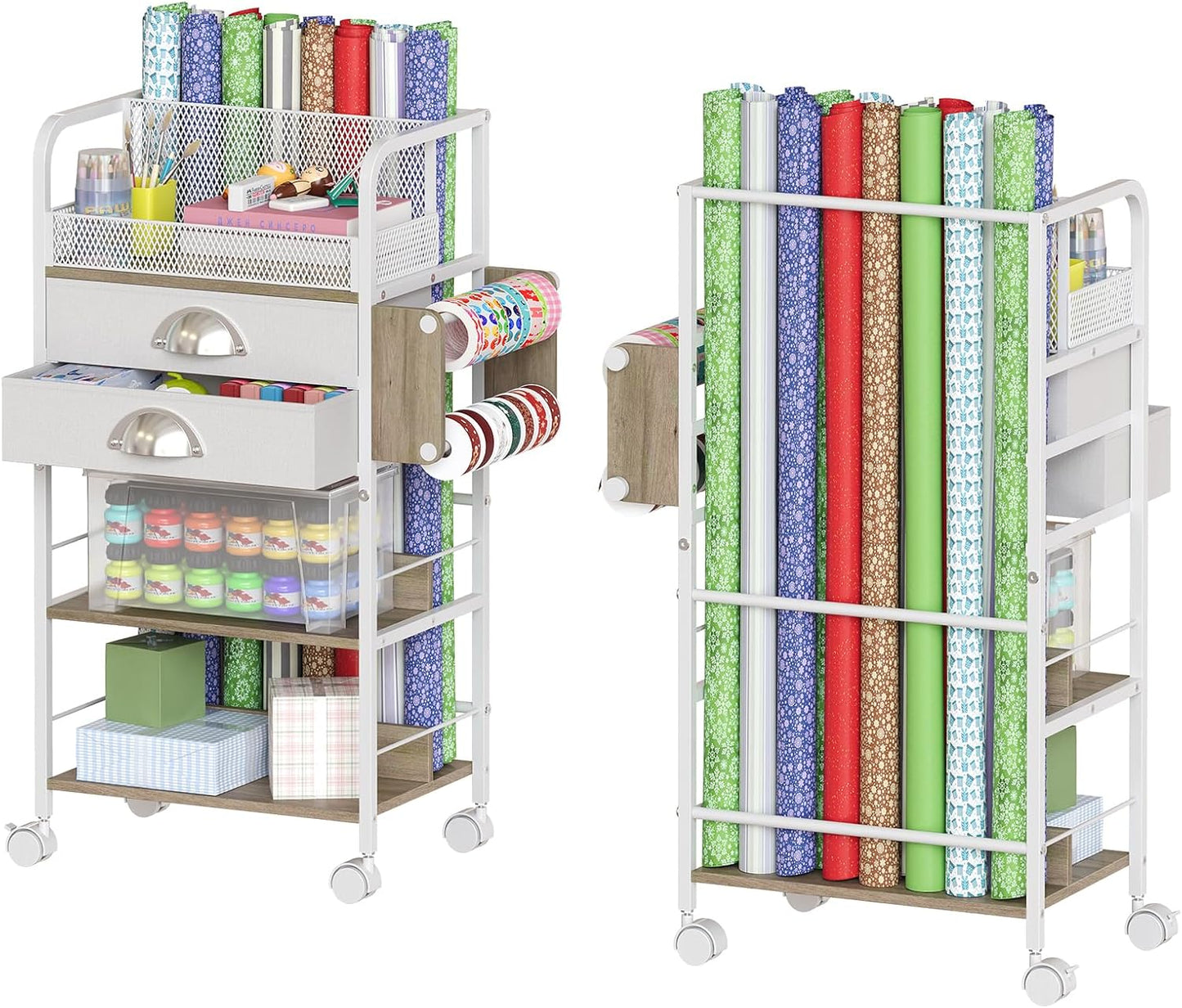 Rolling Craft Storage Cart - Multi-Tier Organizer with 2 Fabric Drawers & Lockable Wheels | 16.54x11.4x32.68 Inches