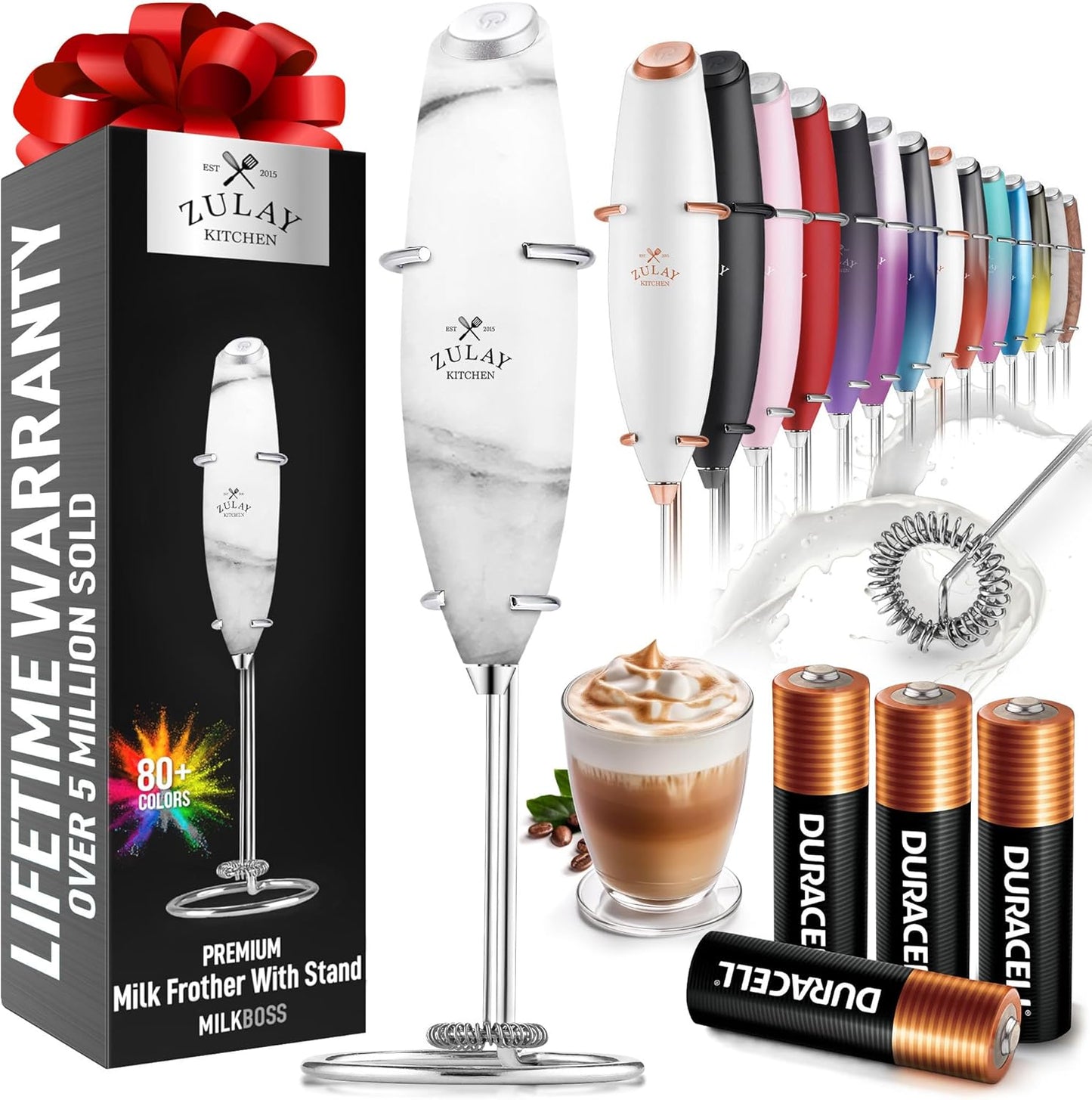 Zulay Kitchen Milk Frother Wand - Ultra-Fast Handheld Electric Whisk for Coffee, Lattes & More - Includes 4 AA Batteries