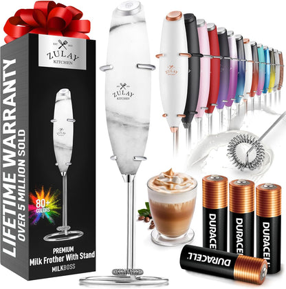 Zulay Kitchen Milk Frother Wand - Ultra-Fast Handheld Electric Whisk for Coffee, Lattes & More - Includes 4 AA Batteries