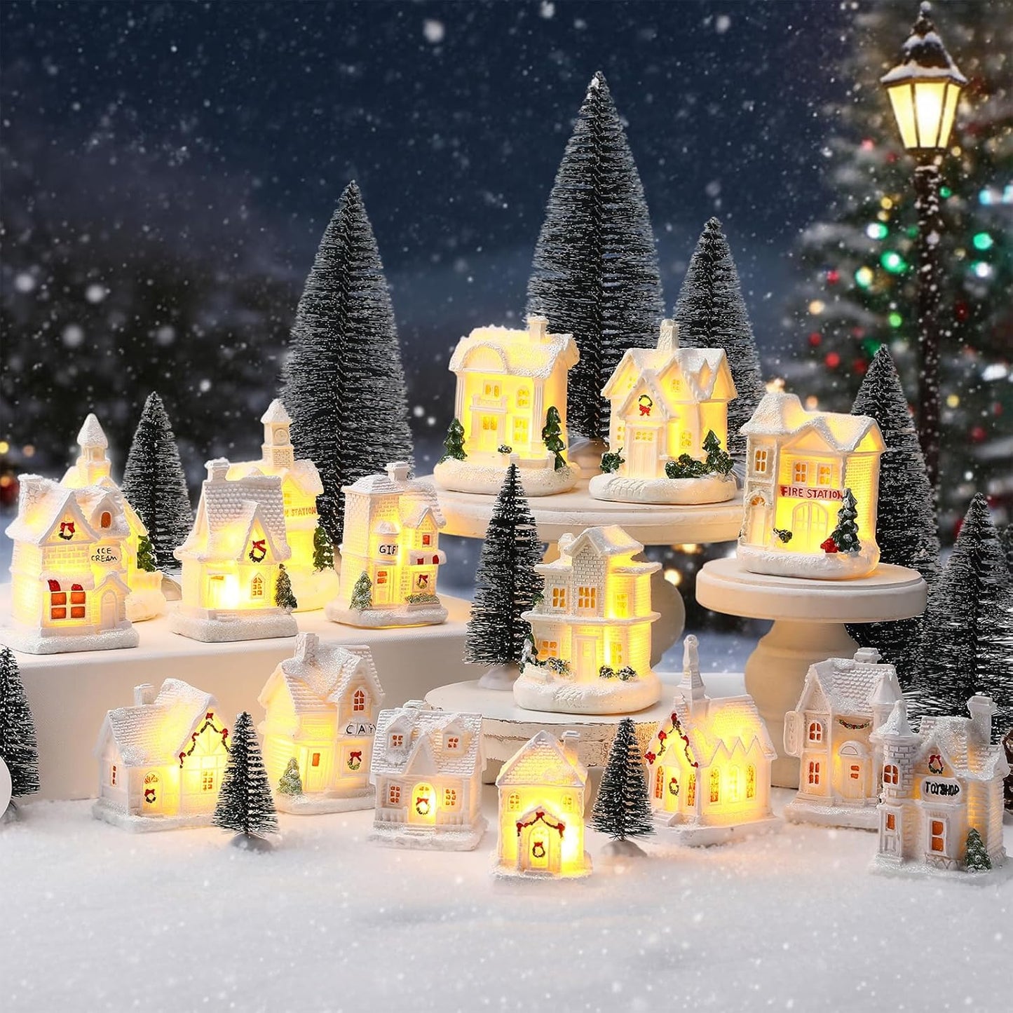 Vinsot 26-Piece Resin Winter Miniature Village Set - Light-Up LED Houses & Pine Trees Decor