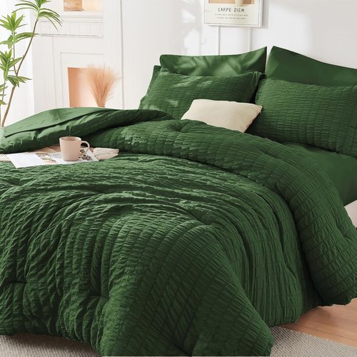 HYMOKEGE California King Comforter Set - Dark Green Seersucker 7-Piece Luxury Bedding | All Season Essentials
