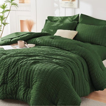 HYMOKEGE California King Comforter Set - Dark Green Seersucker 7-Piece Luxury Bedding | All Season Essentials