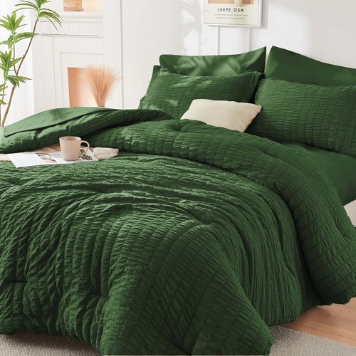 HYMOKEGE Dark Green Full Size Comforter Sets Seersucker 7 Pieces, All Season Luxury Bed in a Bag for Bedroom, Bedding Set with Comforters, Sheets, Pillowcases & Shams